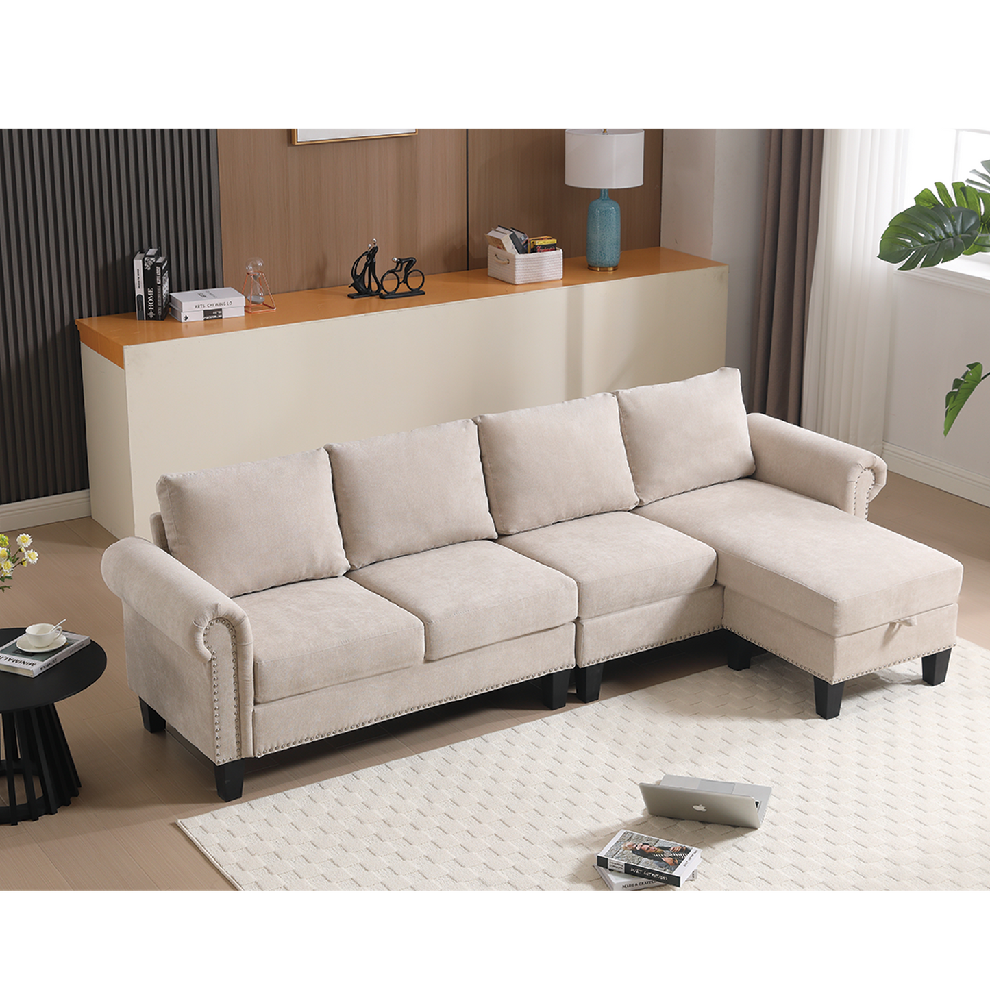 Sofá Seccional Convertible en Forma de L con Almacenamiento - Beige