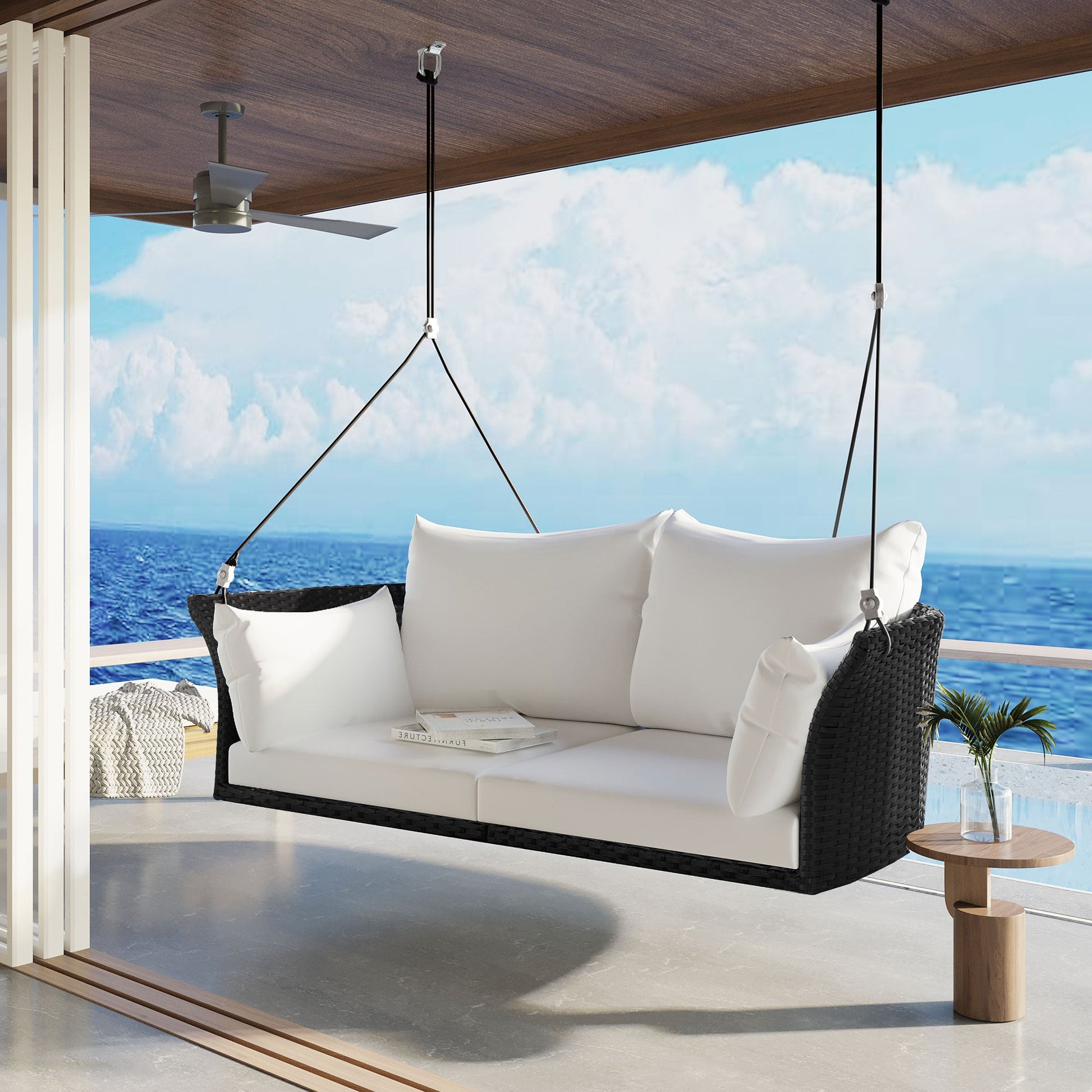 GO 51.9" 2-Person Hanging Seat, Rattan Woven Swing Chair, Porch Swing With Ropes, Black Wicker And White Cushion - Korvel