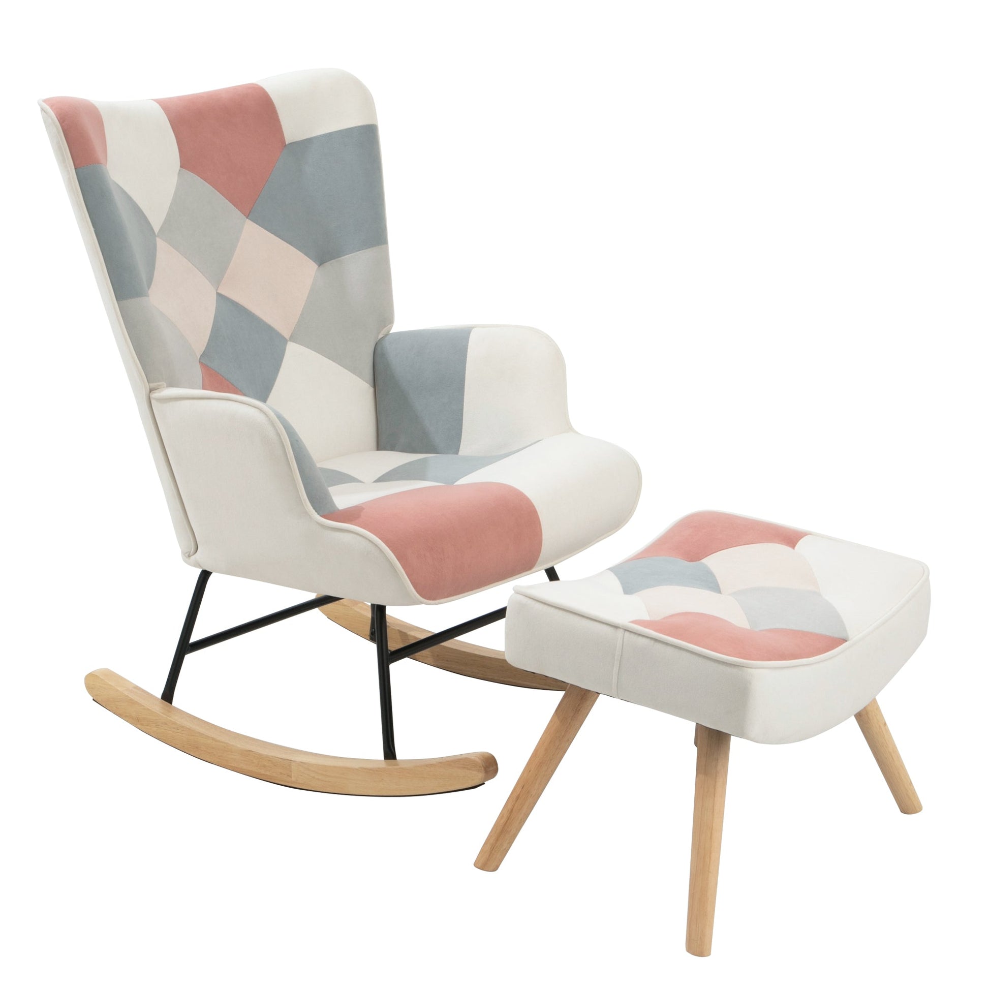 Rocking Chair with ottoman, Mid Century Fabric Rocker Chair with Wood Legs and Patchwork Linen for Livingroom Bedroom - Korvel