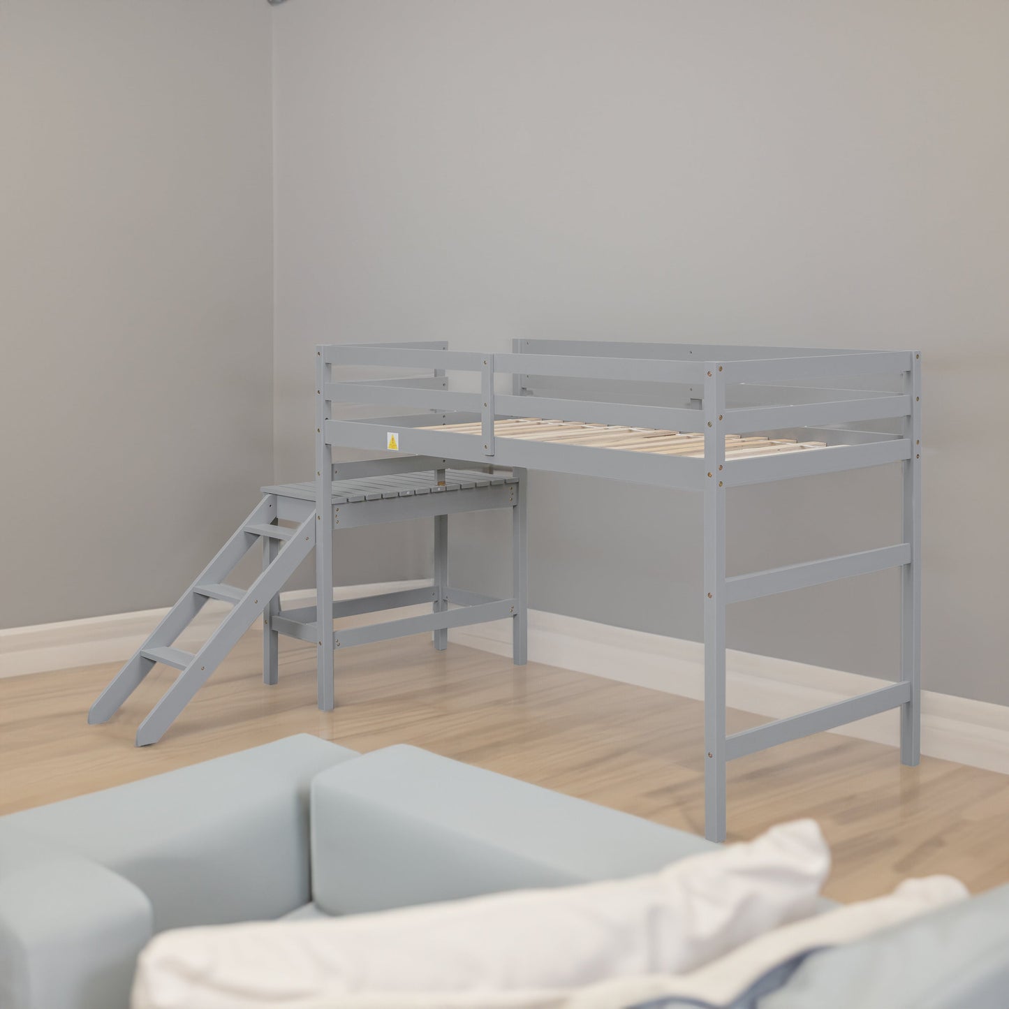 Premium Twin Loft Bed with Platform and Ladder in Grey