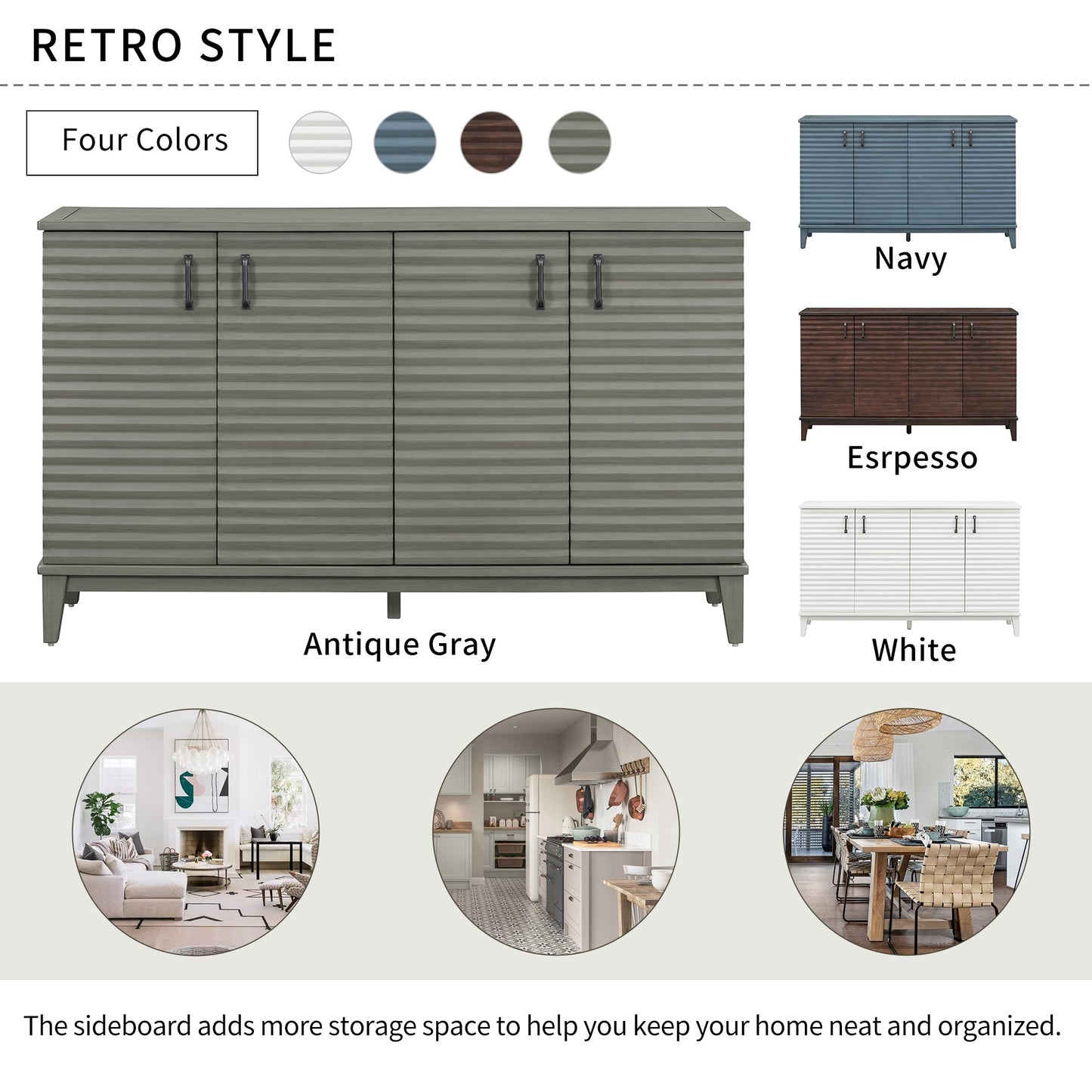 Buffet de rangement TREXM gris antique à 4 portes avec étagères réglables