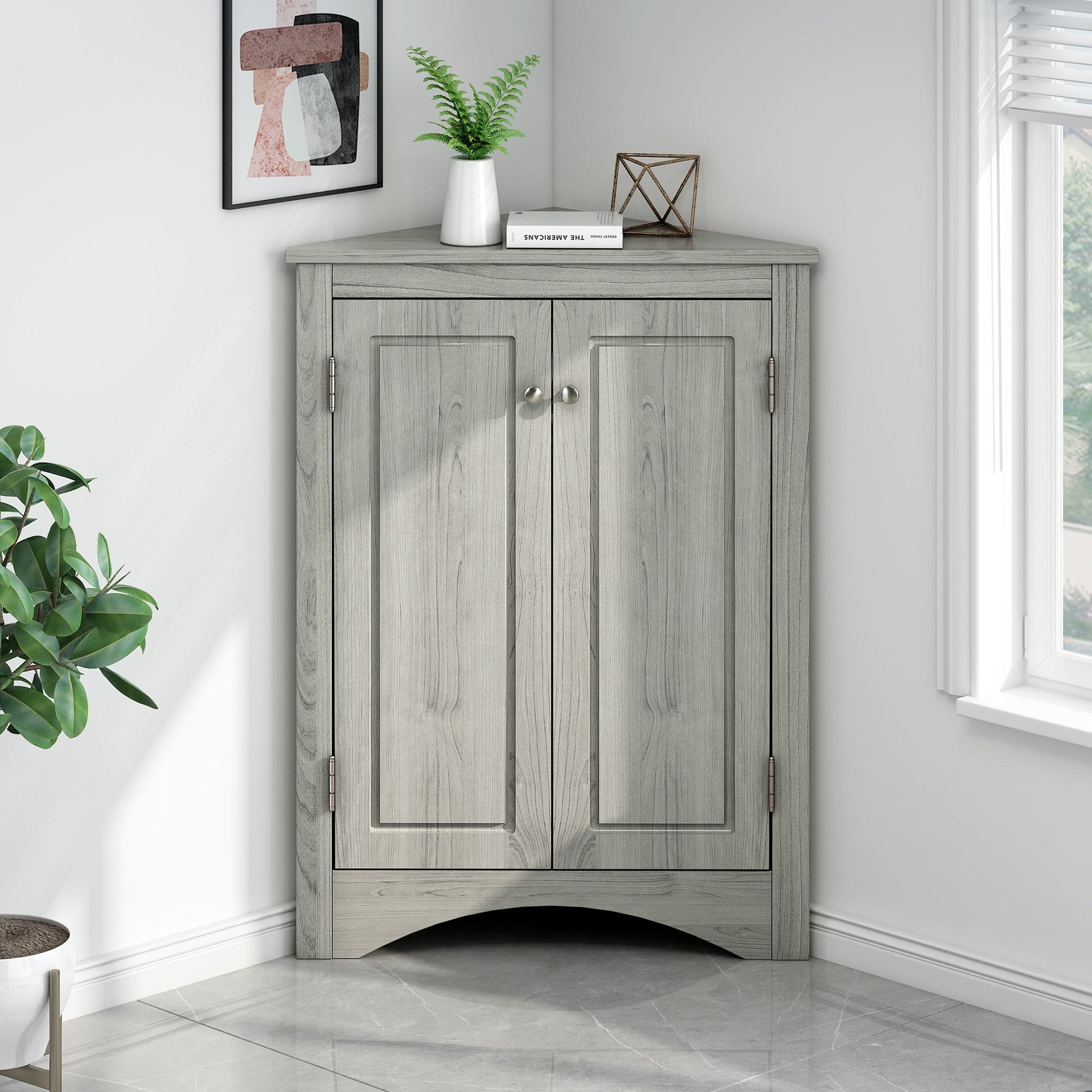 Oak Triangle Bathroom Storage Cabinet with Adjustable Shelves, Freestanding Floor Cabinet for Home Kitchen - Korvel