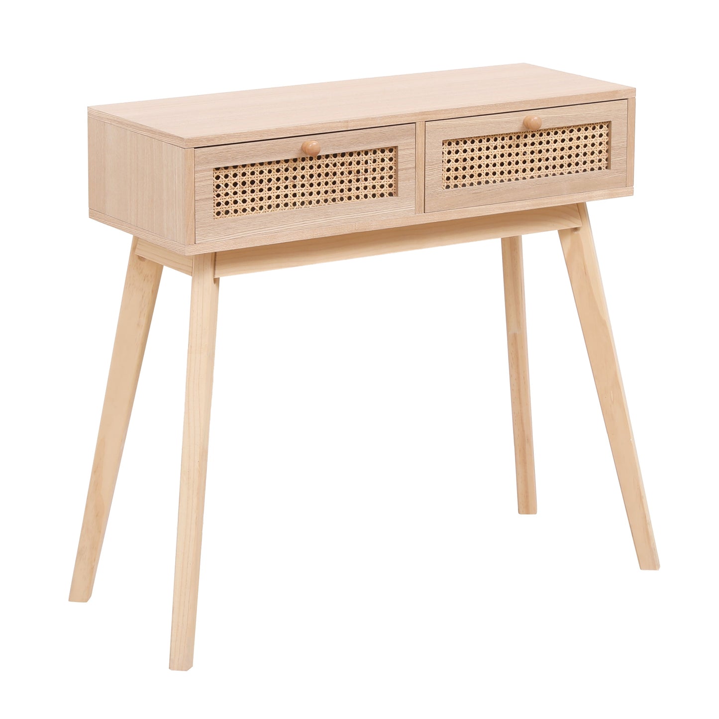 Side table with two real rattan drawers, solid wood table legs can be used in the dining room living room,bedroom - Korvel