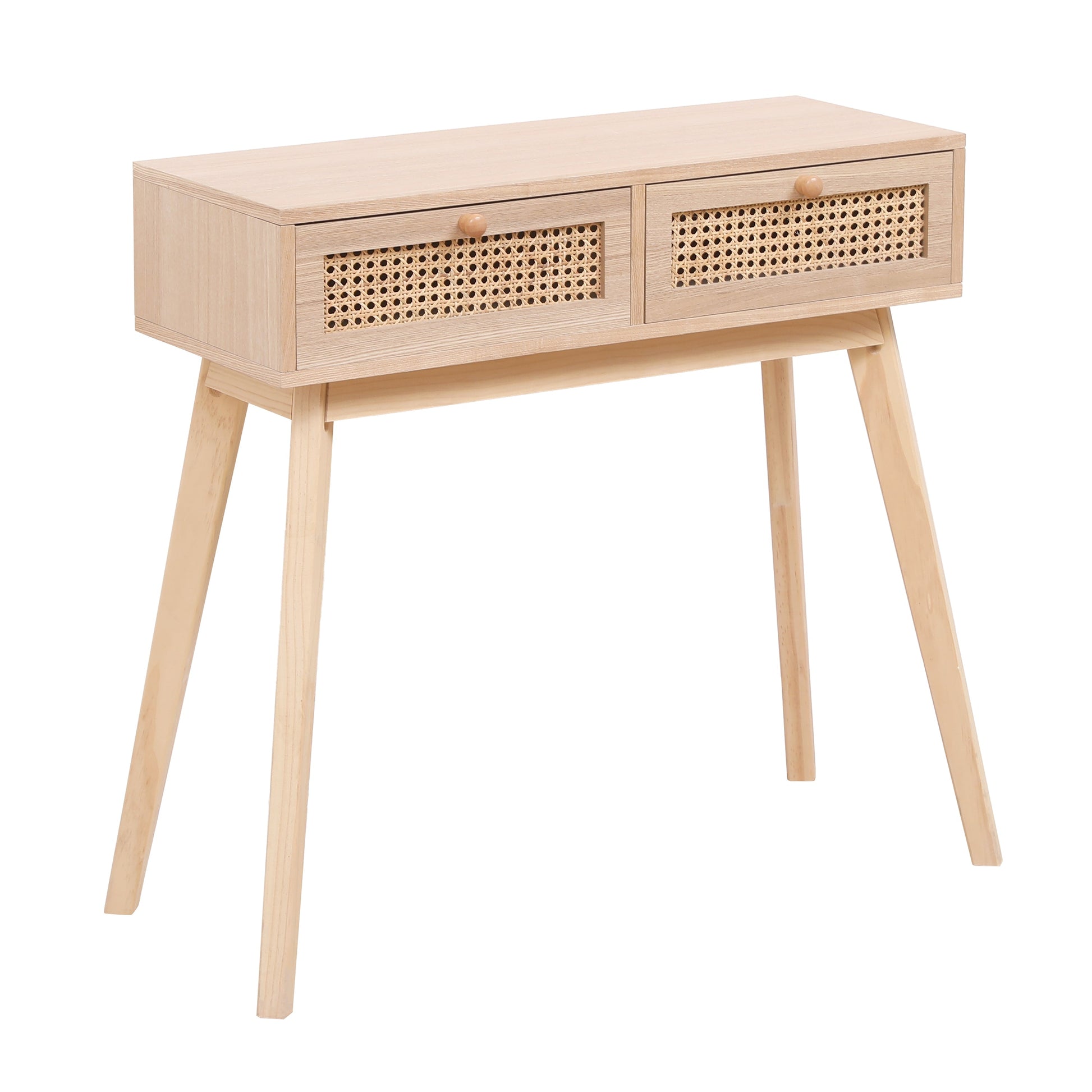 Side table with two real rattan drawers, solid wood table legs can be used in the dining room living room,bedroom - Korvel