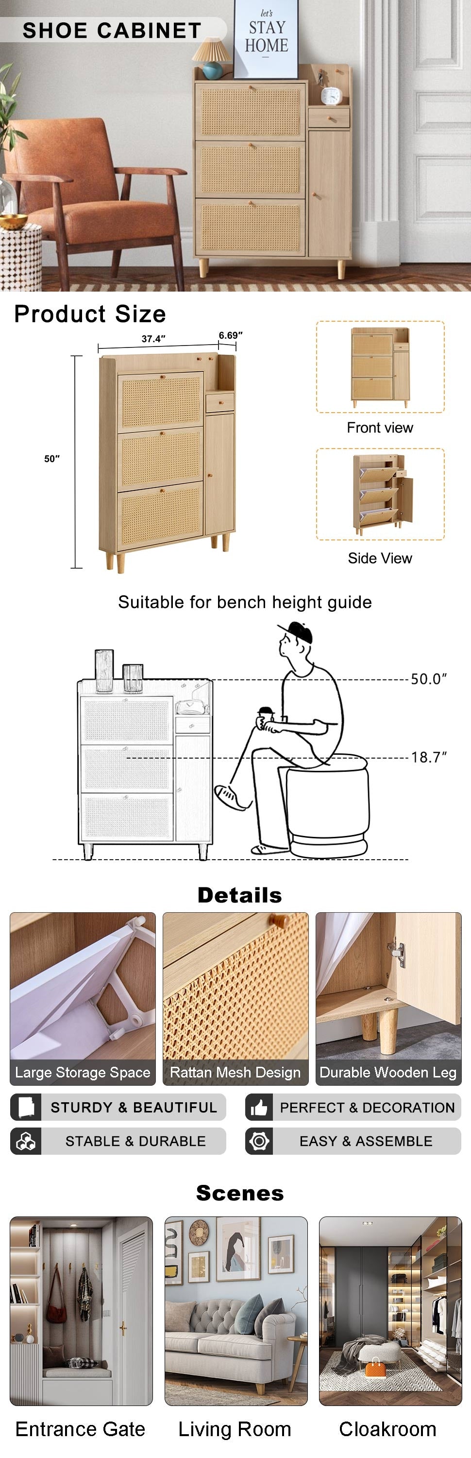 Modern minimalist storage cabinet MDF bed top cabinet Japanese rattan shoe cabinet, small home furniture - Korvel