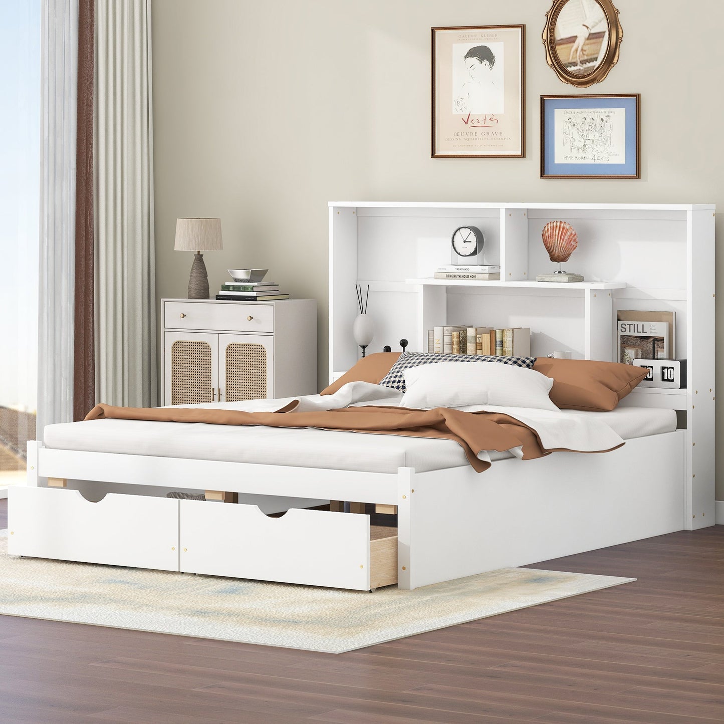 Elegant Queen Size Platform Bed with Storage Headboard, White