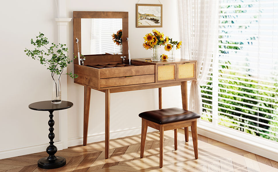 43.3" Wooden Vanity Set with Flip Mirror and Stool