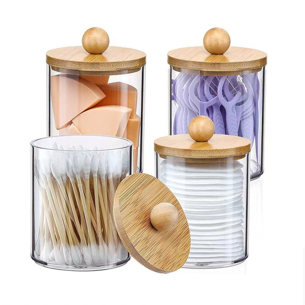 Bamboo cover cotton swab box portable round container cosmetic cotton puff storage box cotton swab makeup remover cotton box - Korvel