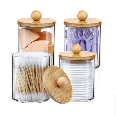 Bamboo cover cotton swab box portable round container cosmetic cotton puff storage box cotton swab makeup remover cotton box - Korvel
