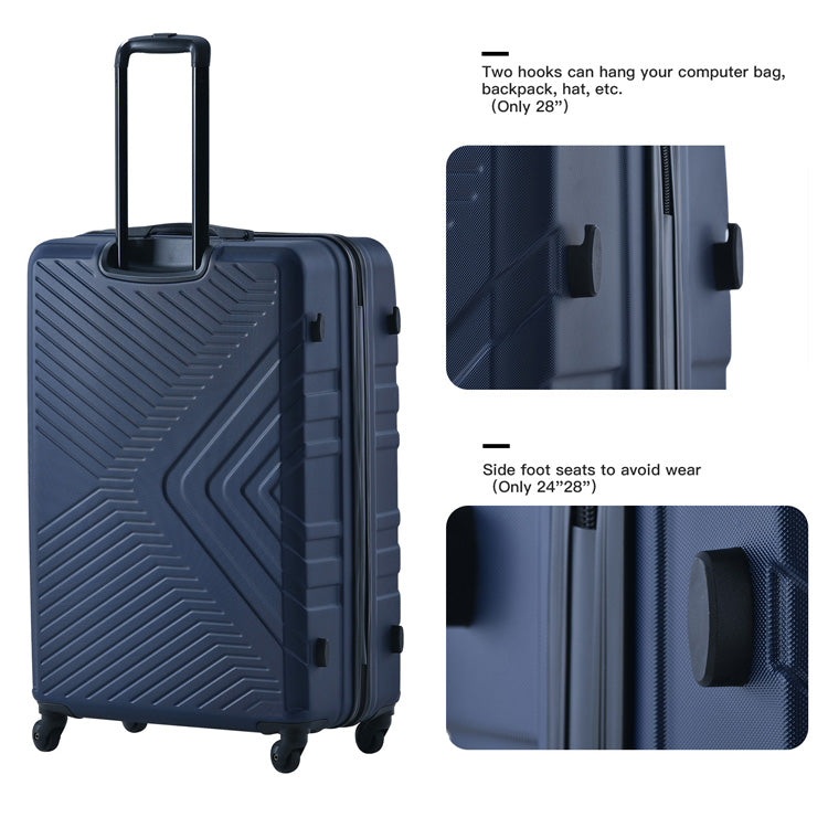 3 Piece Luggage Sets ABS Lightweight Suitcase with Two Hooks, Spinner Wheels, TSA Lock, (20/24/28) Navy - Korvel