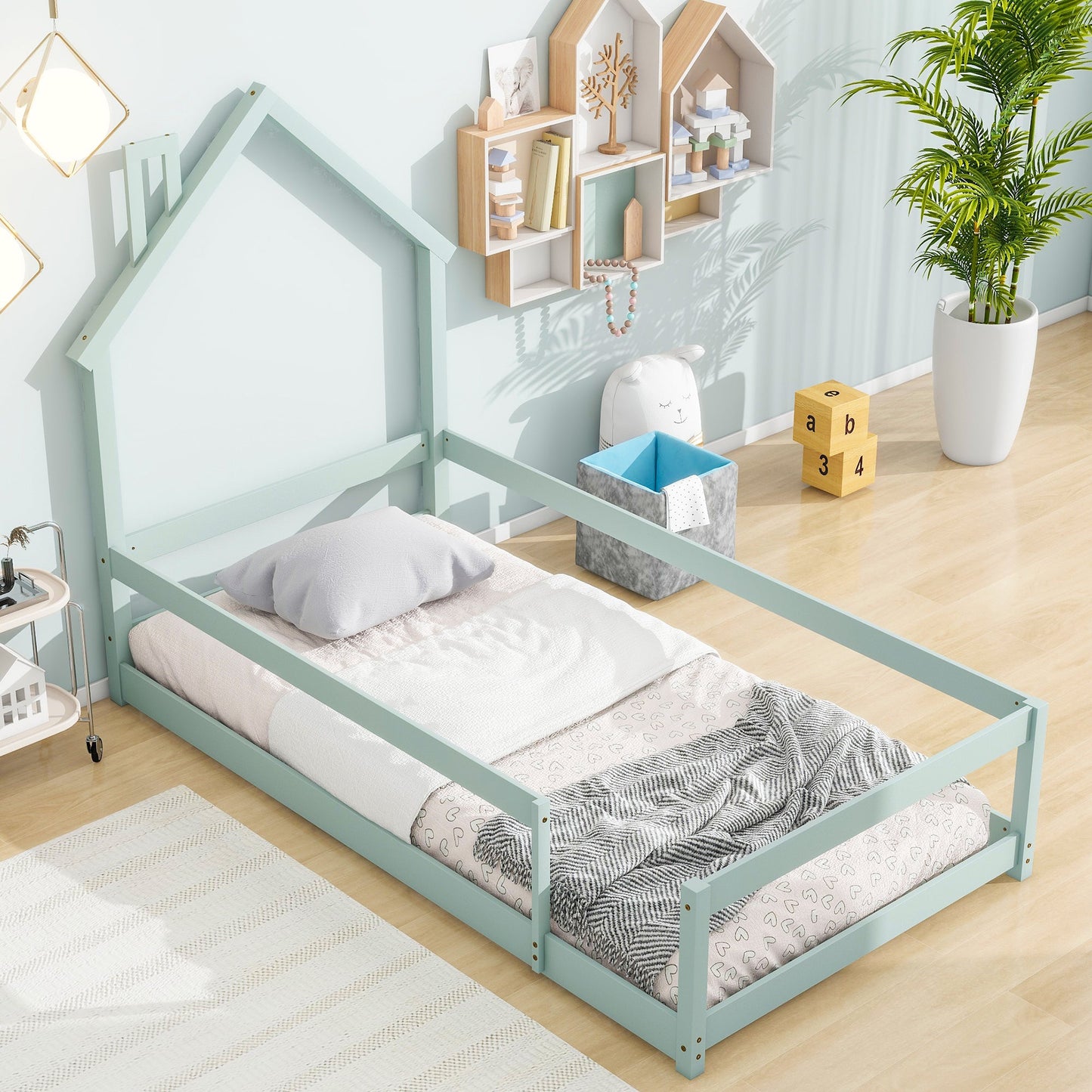 Twin Size Wood Bed with House-Shaped Headboard in Light Green