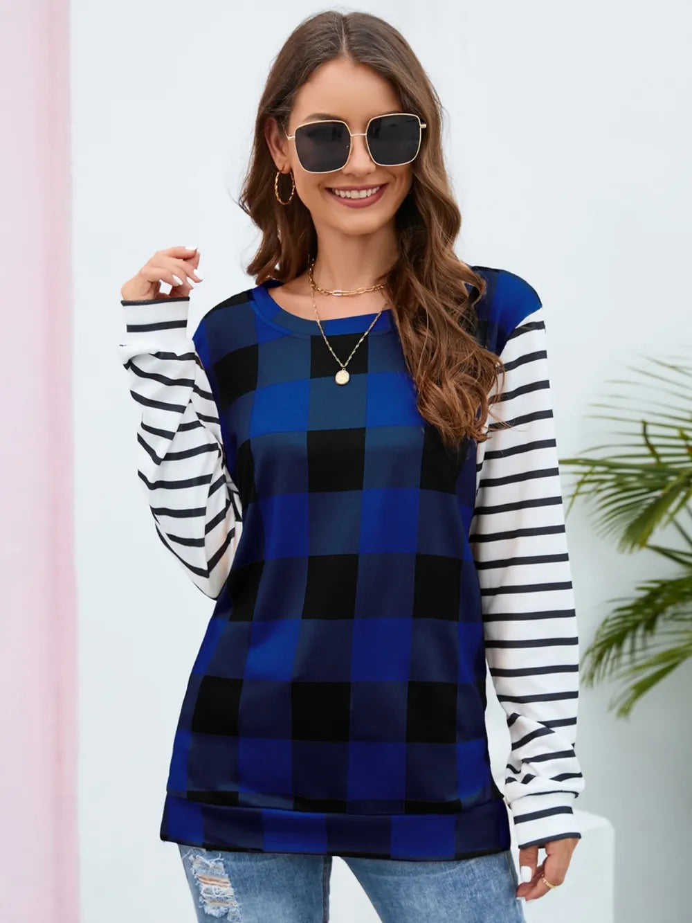 Plaid Striped Round Neck Long Sleeve T-Shirt - Korvel