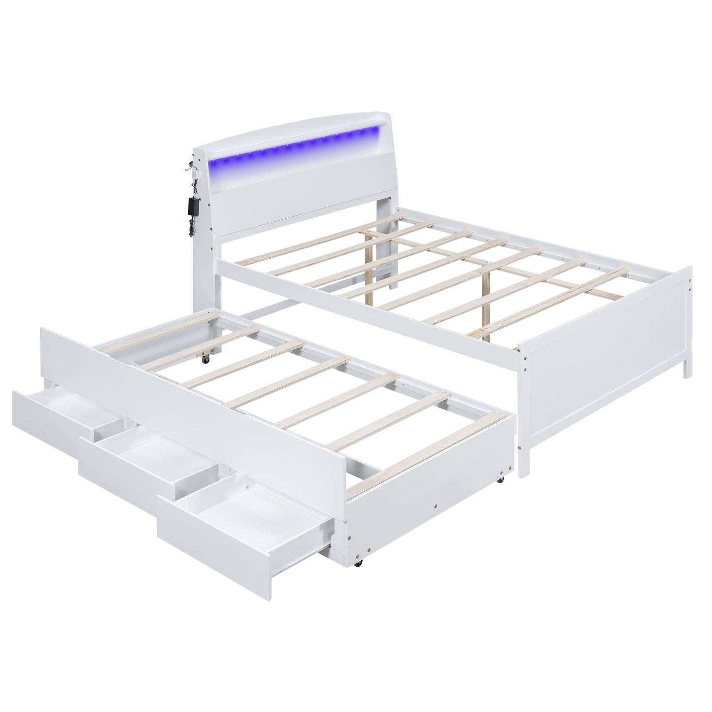 Full Size Platform Bed with Storage LED Headboard  Twin Size Trundle and 3 Drawers White - Korvel