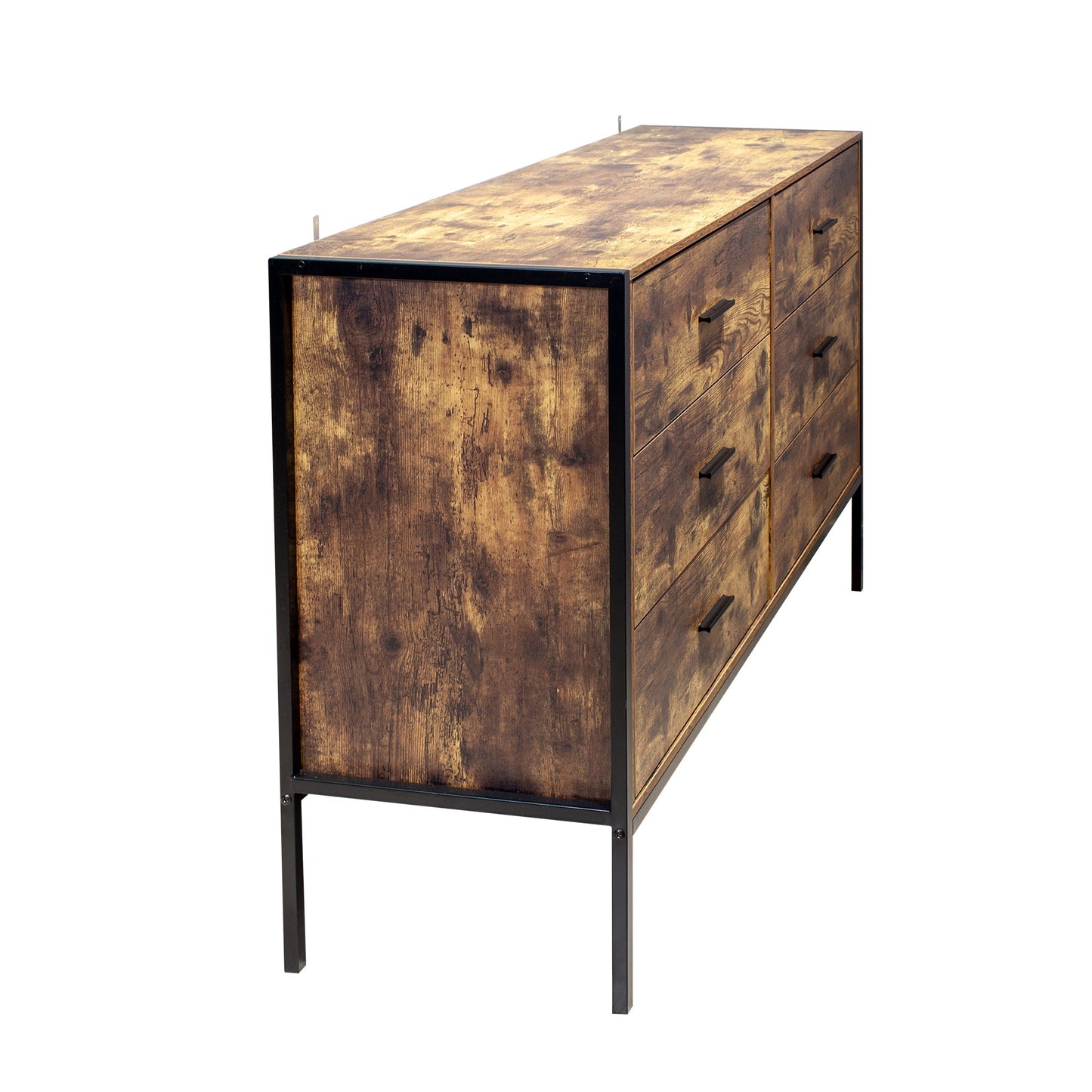 Industrial Style 6 Drawer Double Dresser in Rustic Brown