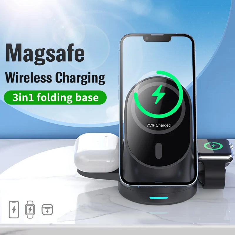 Magnetic wireless charger vertical three in one wireless charging stand suitable for Apple phones headphones and watcheser - Korvel