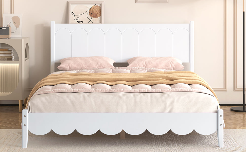 Queen Size Wood Platform Bed Frame, Retro Style Bed with Rectangular Headboard,No Need Box Spring,White - Korvel