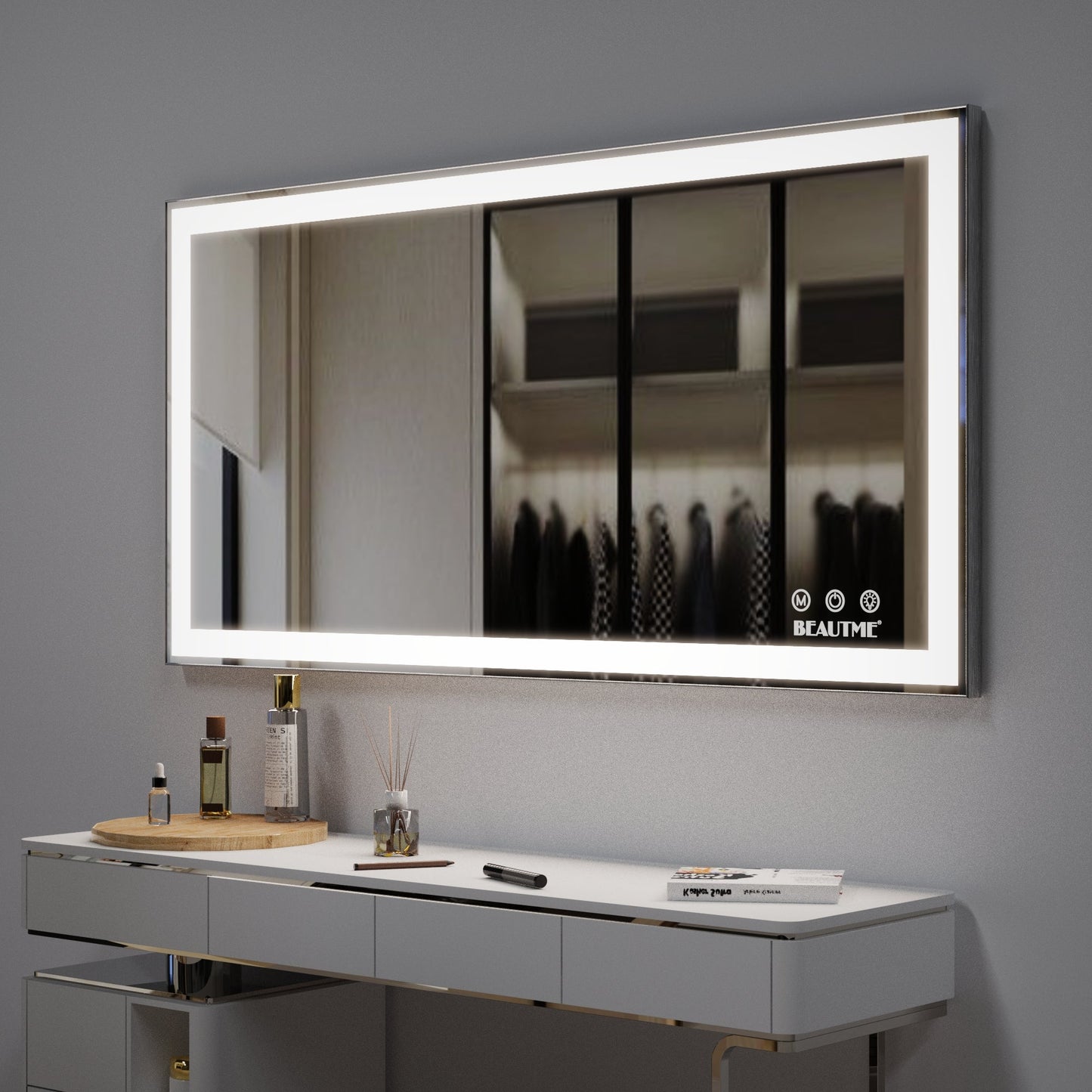 48x24 inch LED bathroom makeup mirror wall mounted adjustable light anti fog touch switch with memory intelligent large bathroom - Korvel