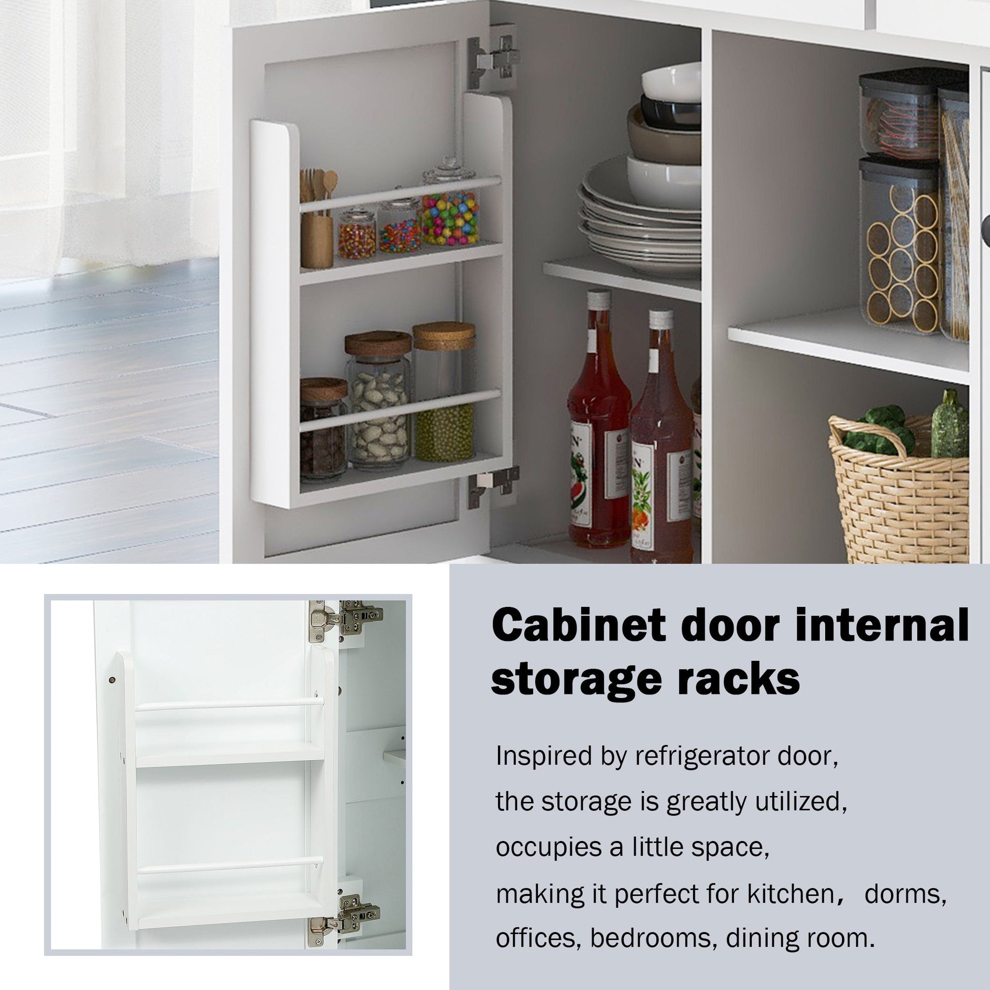 Kitchen trolley with rubber wood leaf countertop, 5-wheel kitchen island, storage cabinet and 3 dining drawers, white - Korvel