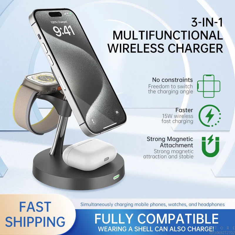 Chargeur sans fil magnétique 3-en-1 en alliage de zinc premium