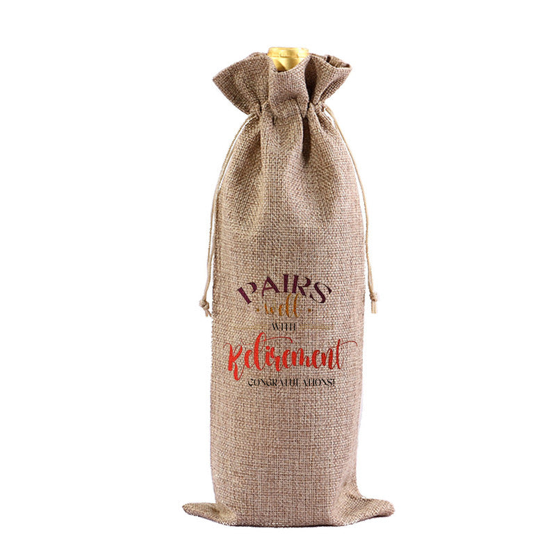 Red Wine Bag for Retirement Celebration: Party Wine Packaging Bag, Imitation Linen Drawstring Pouch, Gift Bag - Korvel
