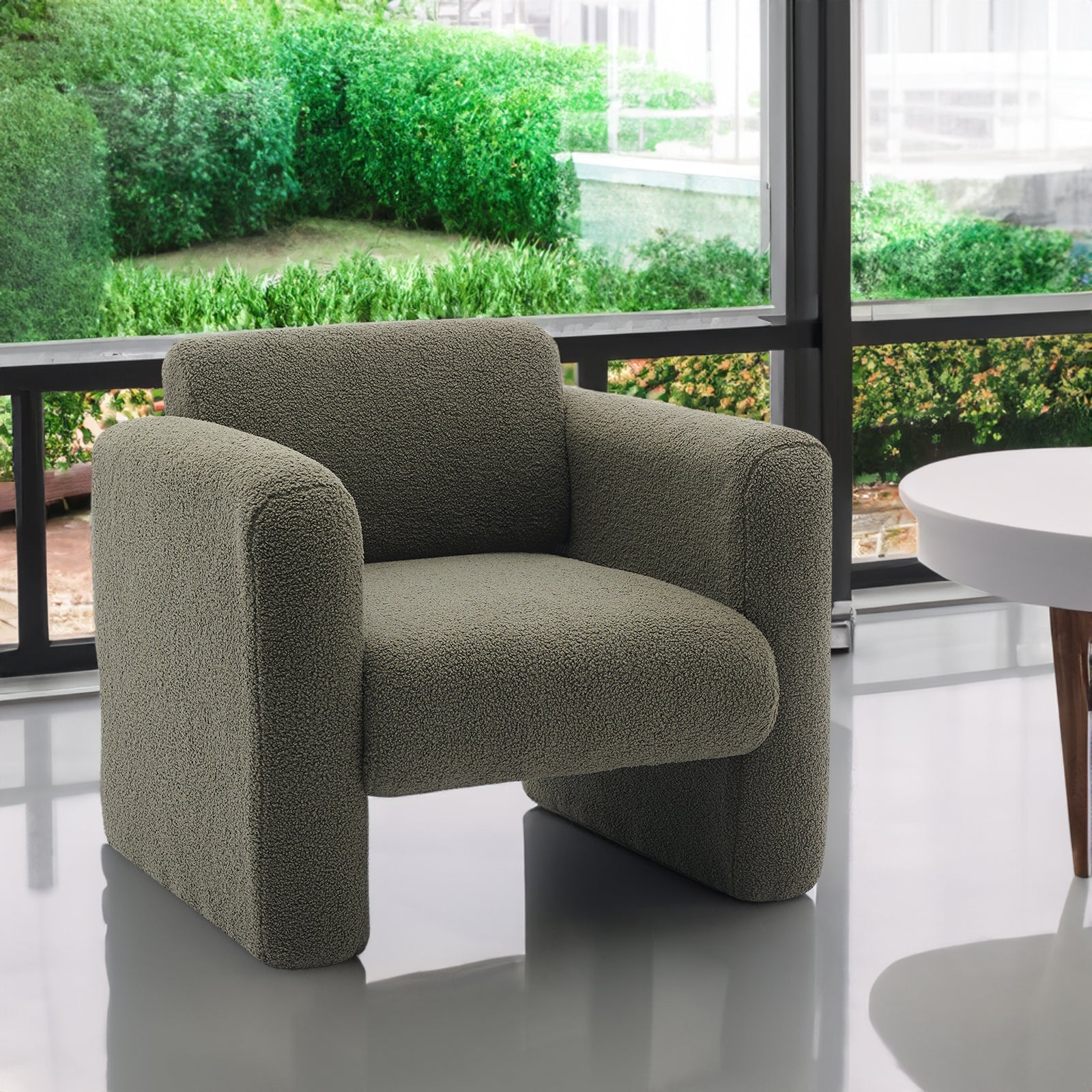 Modern style chair with sheepskin Sherpa fabric soft cushion, comfortable armchair, soft with backrest and pillow, seaweed green - Korvel