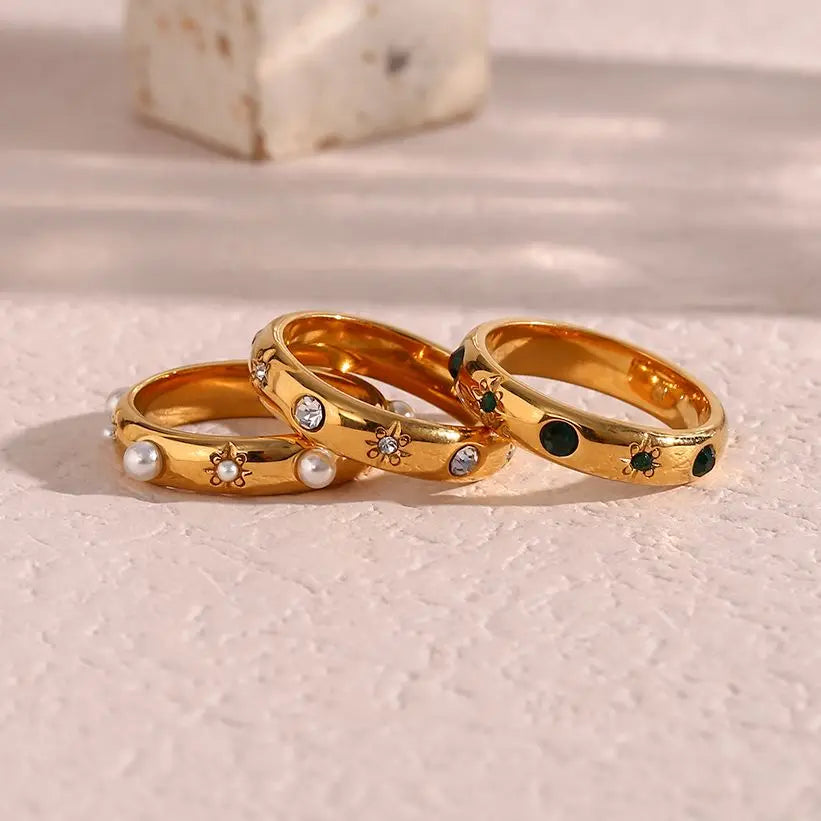 18K Gold Plated Green Zircon Pearl Rings For Women Waterproof Hypoallergenic Dainty Gold Ring Stainless Steel Jewelry - Korvel