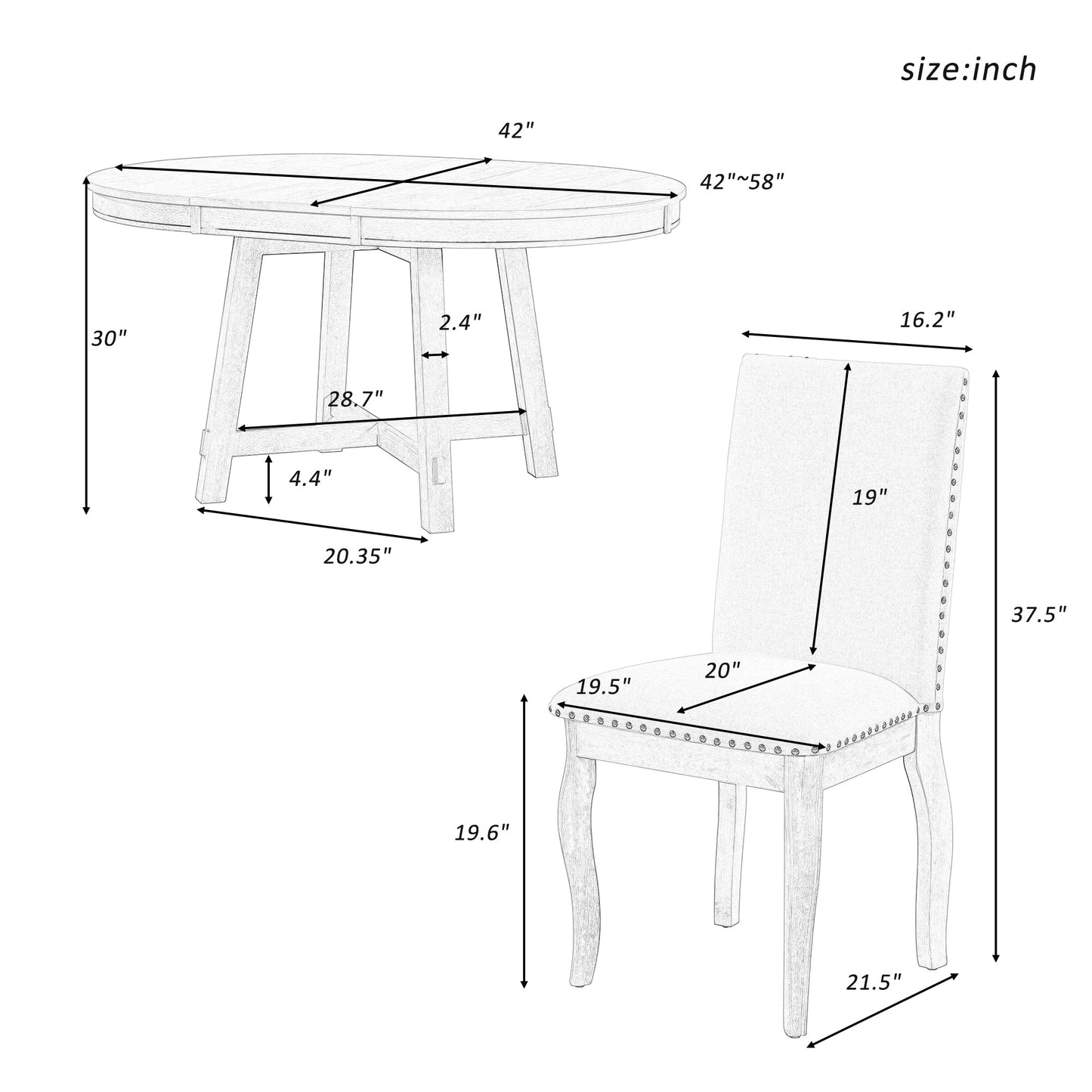 TREXM 5-Piece Farmhouse Dining Table Set Wood Round Extendable Dining Table and 4 Upholstered Dining Chairs (Natural Wood Wash) - Korvel