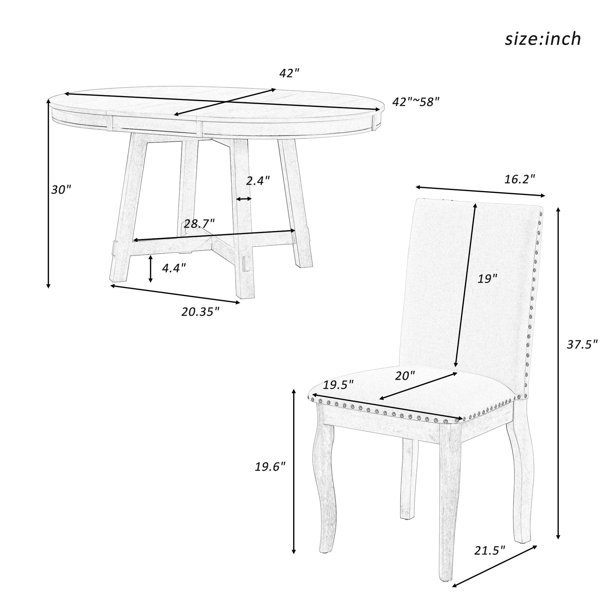 TREXM 5-Piece Farmhouse Dining Table Set Wood Round Extendable Dining Table and 4 Upholstered Dining Chairs (Natural Wood Wash) - Korvel