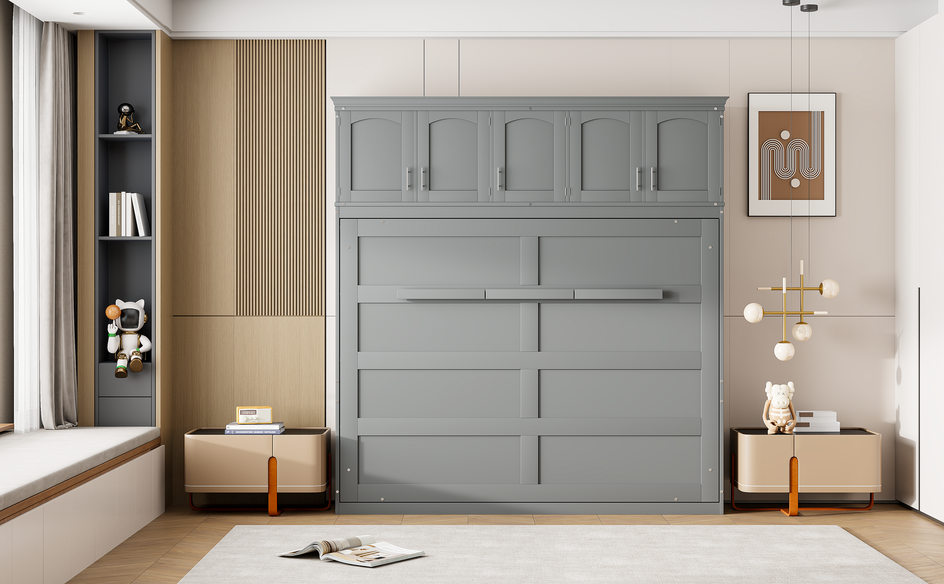 Full Size Murphy Bed Wall Bed with Top Cabinets,Gray - Korvel