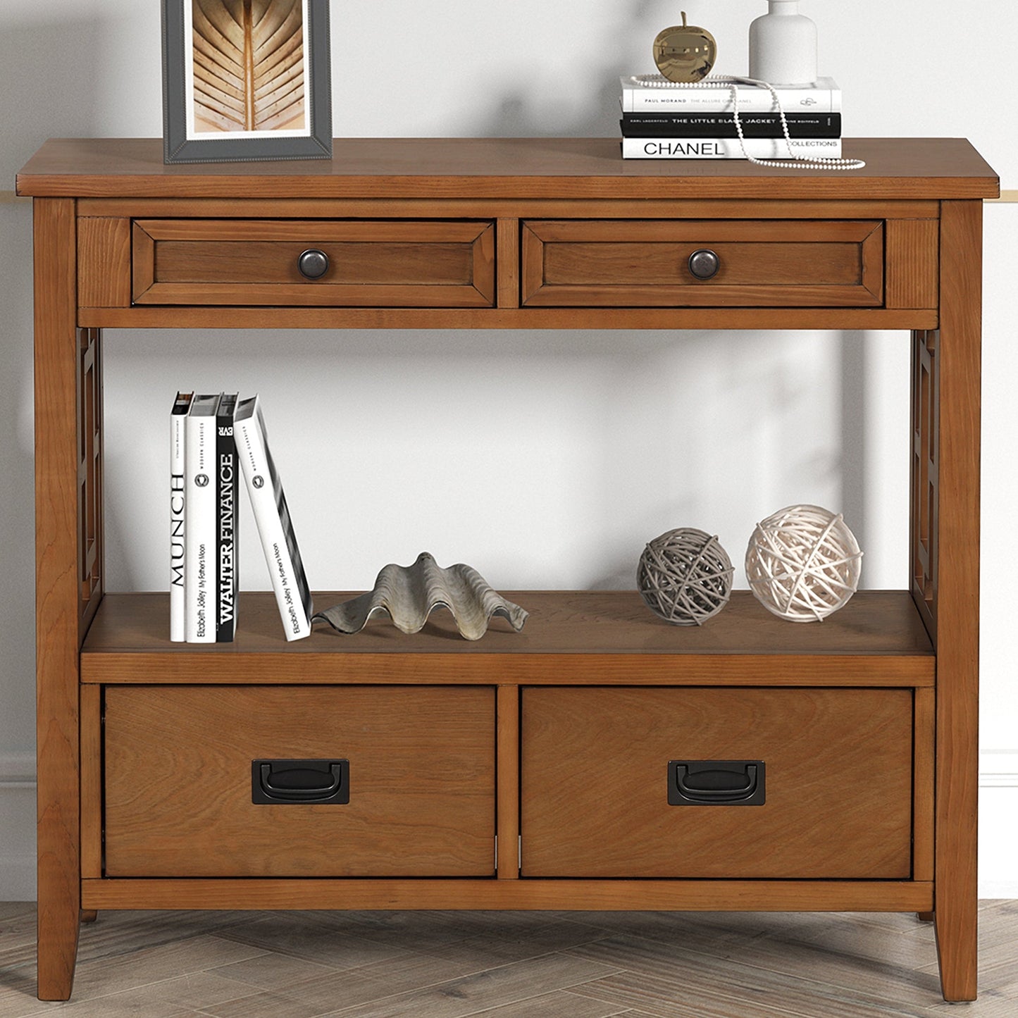 36'' Farmhouse Pine Wood Console Table Entry Sofa Table with 4 Drawers & 1 Storage Shelf (Brown) - Korvel