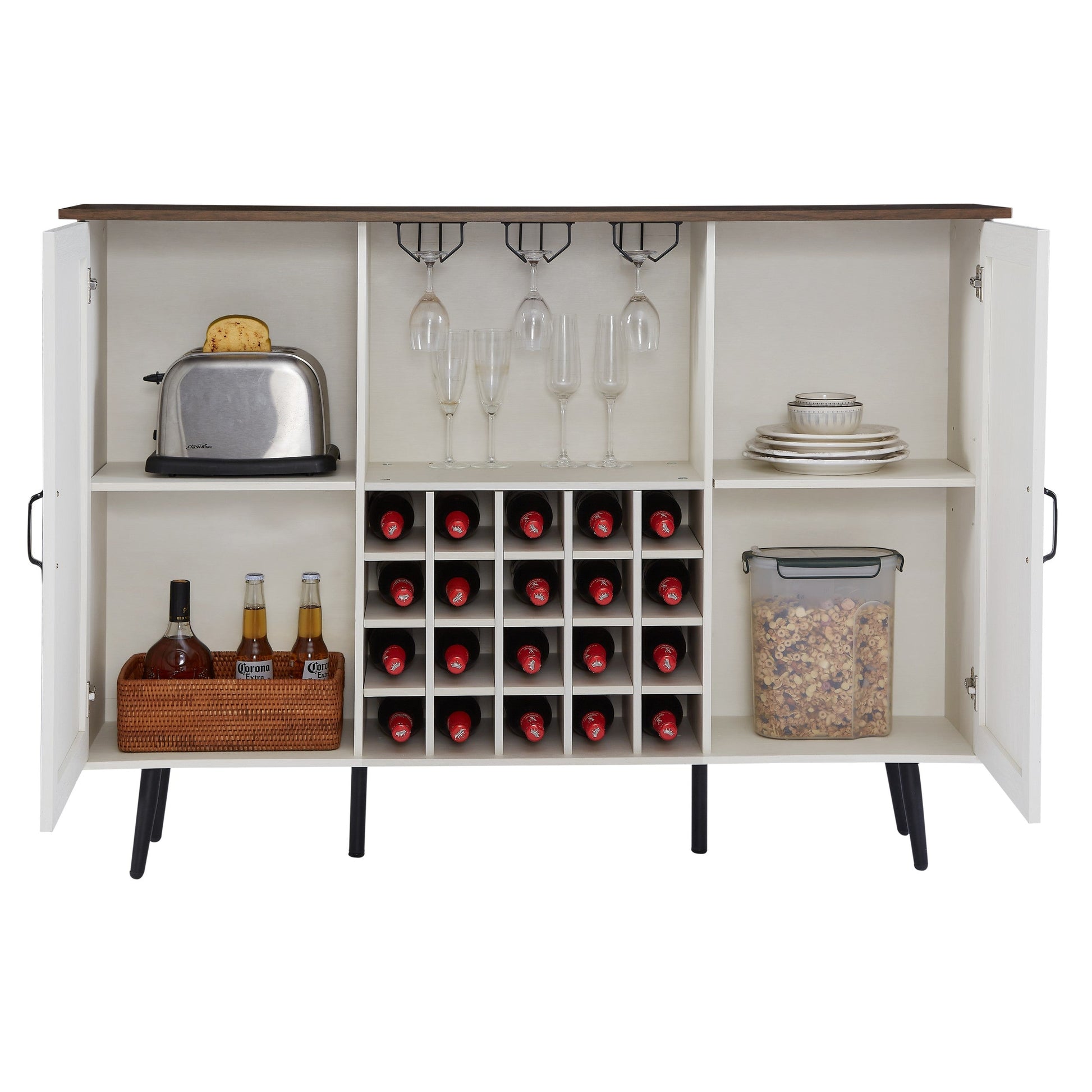 White Faux Rattan Barn Door Wine Cabinet with Wine Rack and Wine Glass Rack, Double Door Design with Removable Shelves - Korvel