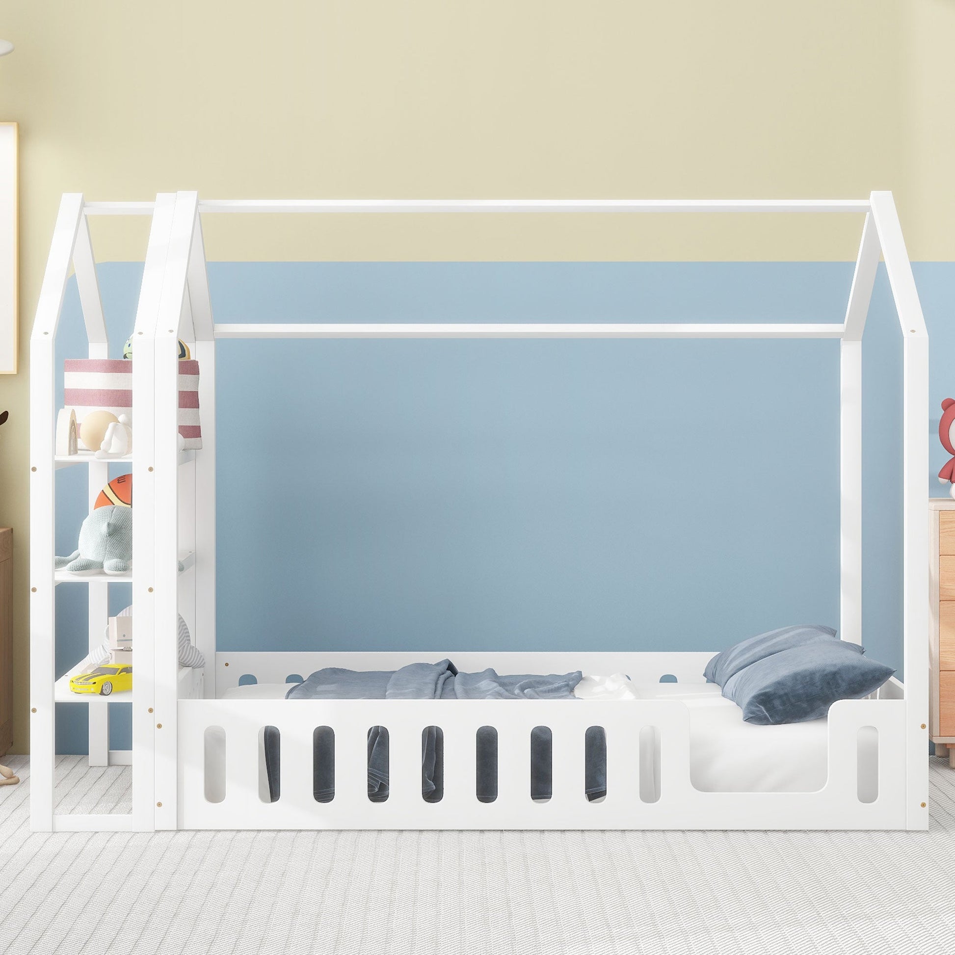 Full Size Wood House Bed with Fence and Detachable Storage Shelves, White - Korvel