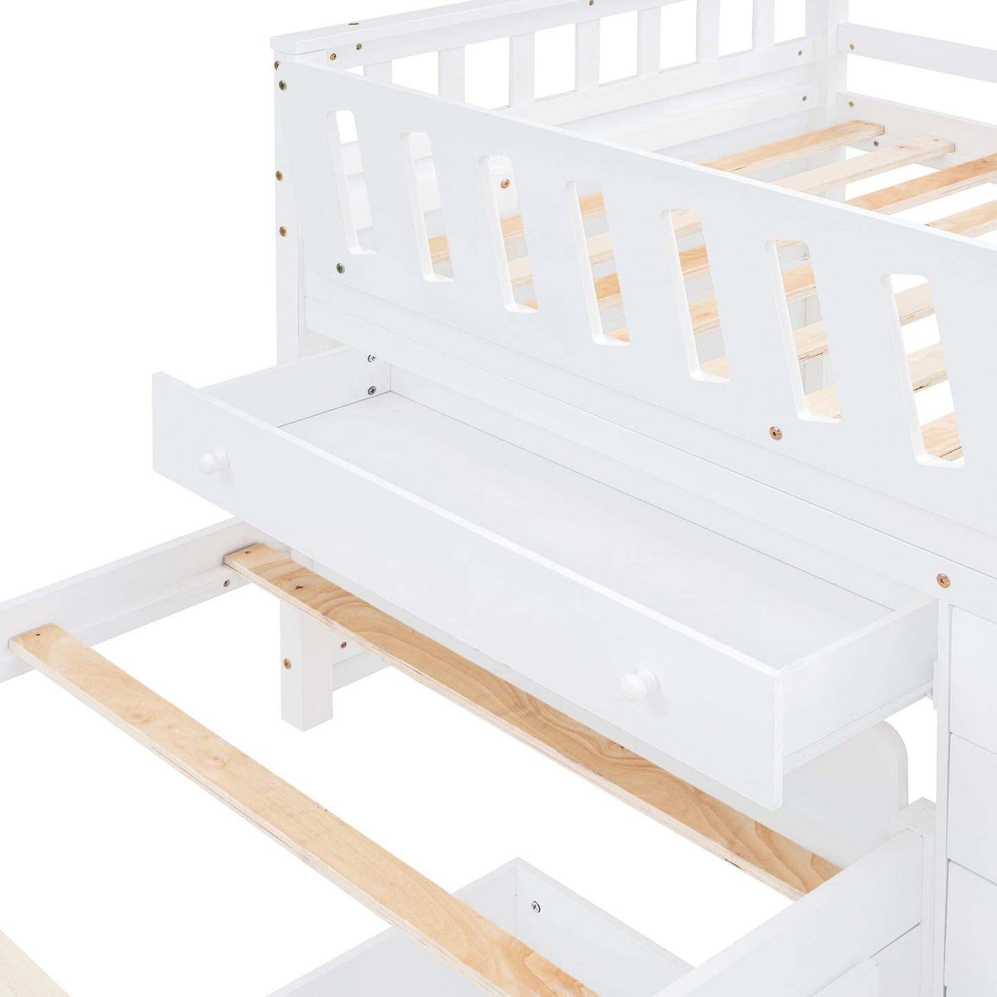 Cama loft twin en forma de L que ahorra espacio con 7 cajones - Blanca