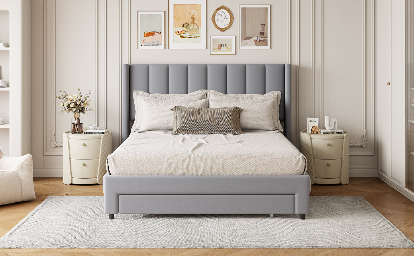 Full Size Storage Bed Velvet Upholstered Platform Bed with a Big Drawer - Gray - Korvel
