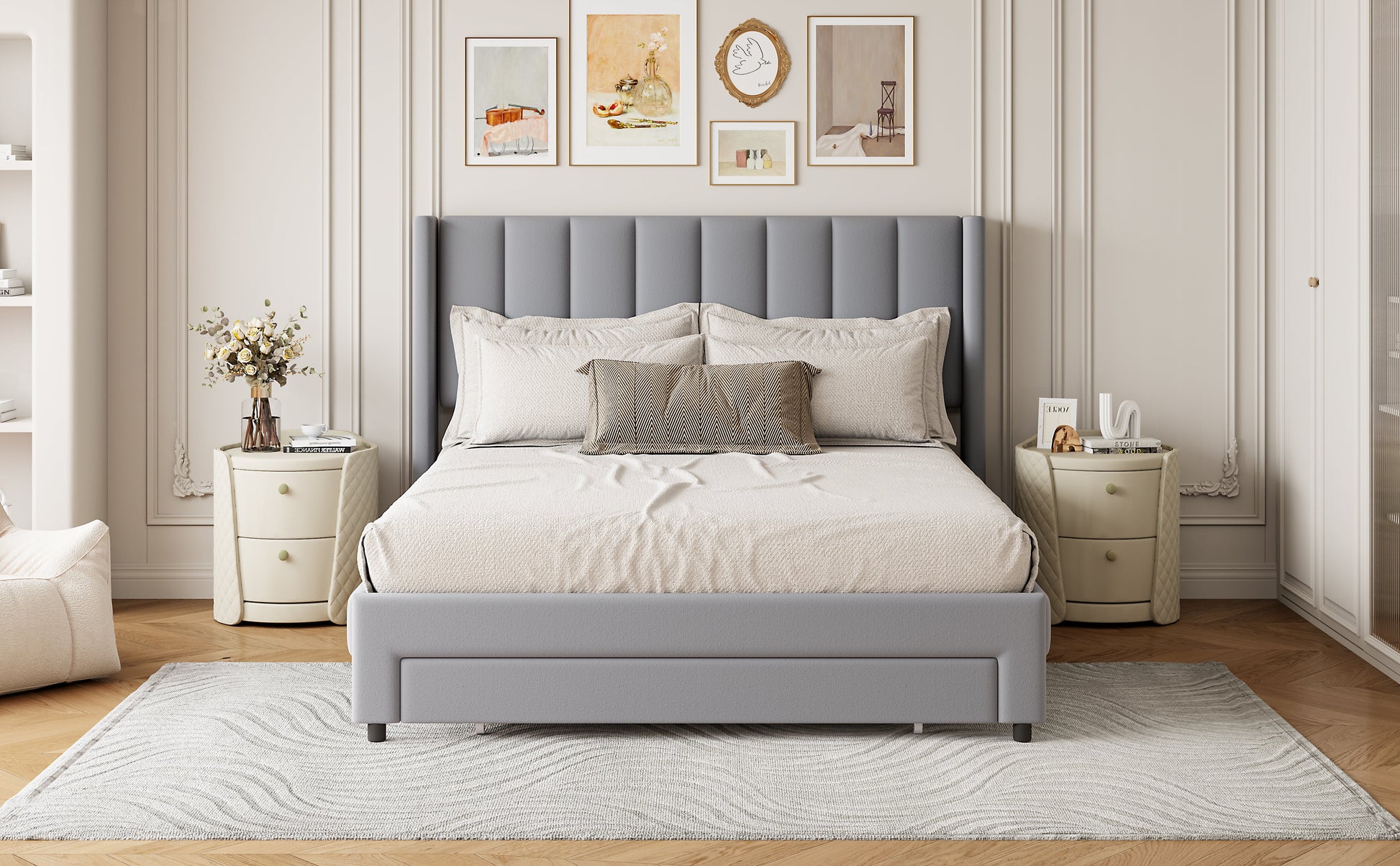 Full Size Storage Bed Velvet Upholstered Platform Bed with a Big Drawer - Gray - Korvel