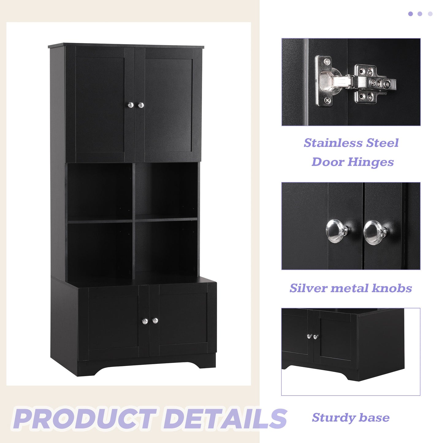 Bathroom storage cabinet, 4-door independent cabinet, adjustable shelf, open multi-layer shelf, black - Korvel