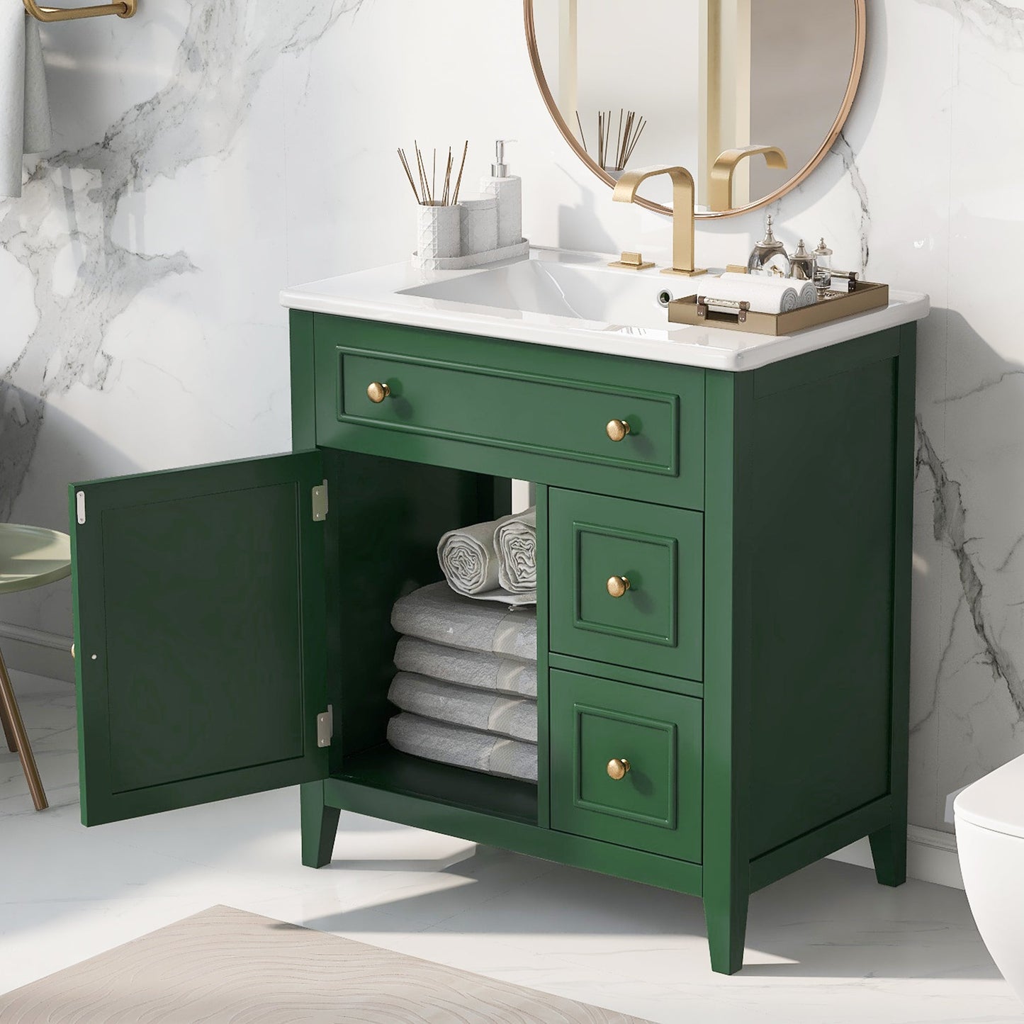 Vanidad de baño verde de 30" con lavabo y almacenamiento