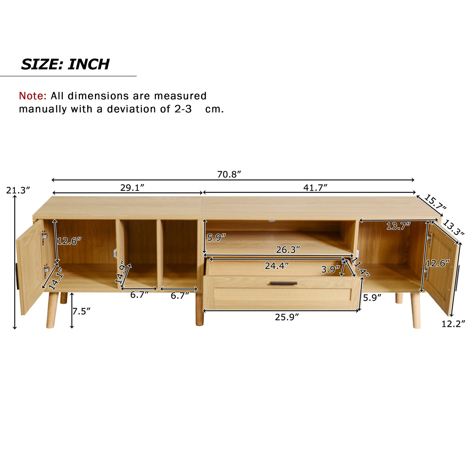 Vine TV stand with 2 cabinets and 2 open shelves, suitable for TVs under 80 inches, with solid wood legs for TV cabinets - Korvel