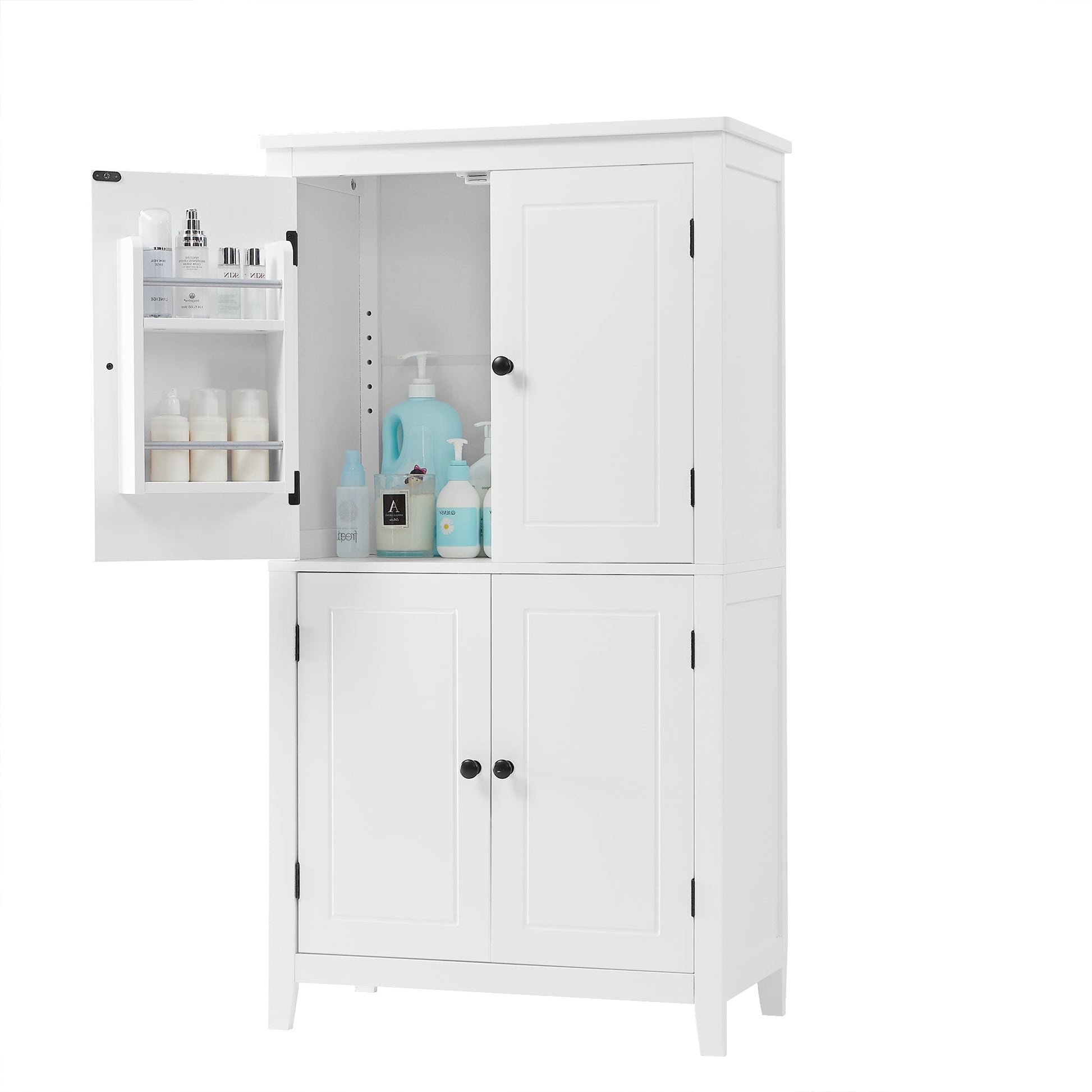 Bathroom floor storage cabinet, bathroom storage unit, 4-door independent cabinet, adjustable shelf, adaptive shelf, white - Korvel