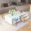 Modern White Coffee Table with 2 Glass Door Storage, 4 Drawers, Gold Metal Legs, and Multi-Color Lighting in 47.2' - Korvel