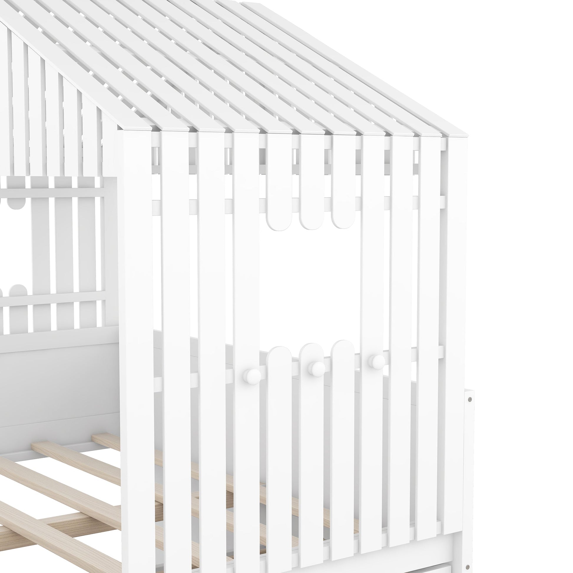 Full Size House Low Loft Bed with Four Drawers,White - Korvel
