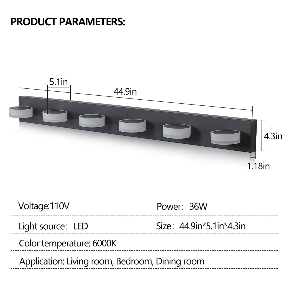 LED Modern Black 6-Light Vanity Lights Fixtures Over Mirror Bath Wall Lighting - Korvel