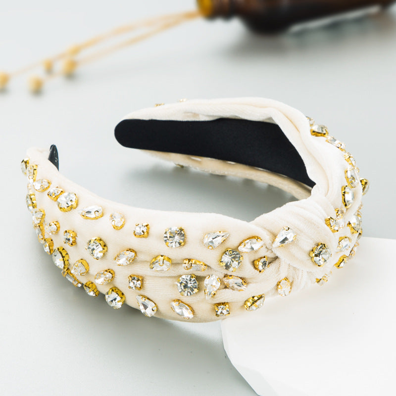 Exaggerated Fashion Hair Bands Female Corduroy Temperament Sweet Hair Ornaments Wide Side Knotted With Diamonds Headband - Korvel