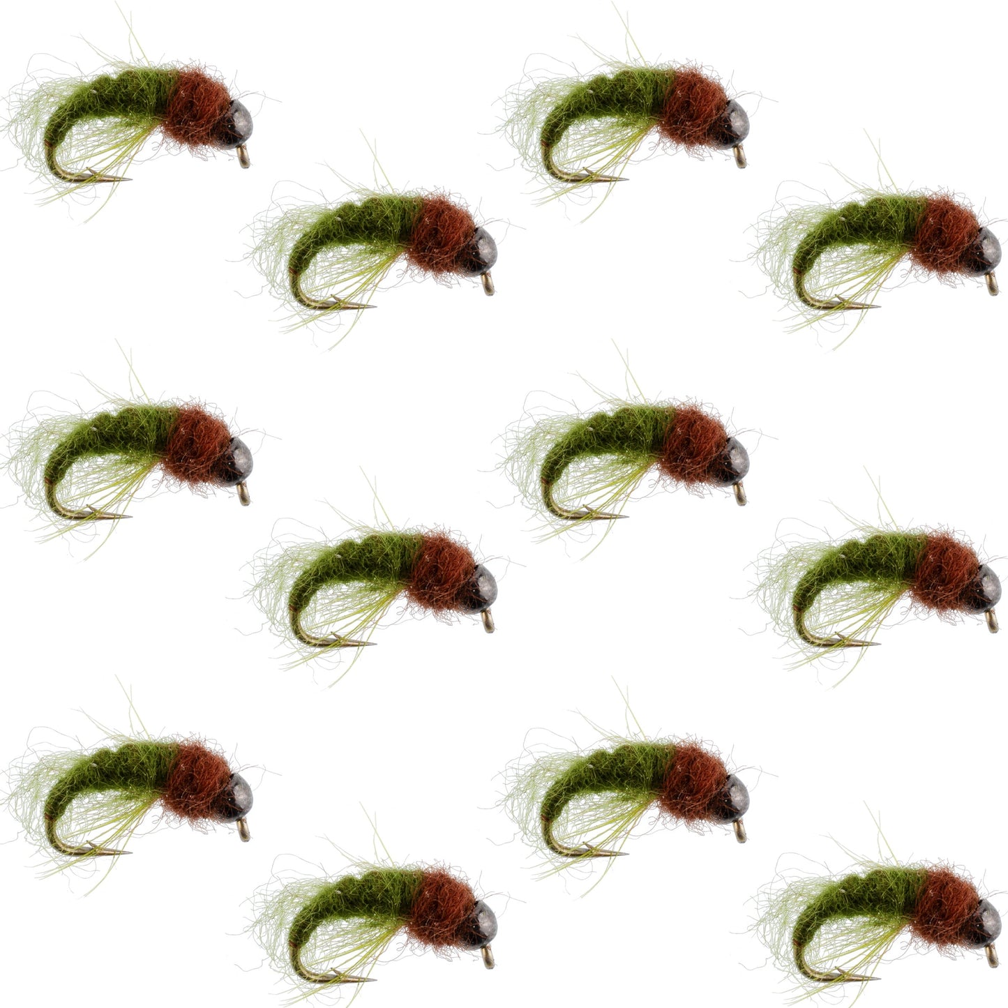 Nymphe de larve de caddis olive brun à tête en perles - Taille 14 (12 mouches)