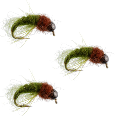 Paquet de 3 Nymphe Caddis Larva Olive Marron avec Tête en Perle Taille 16