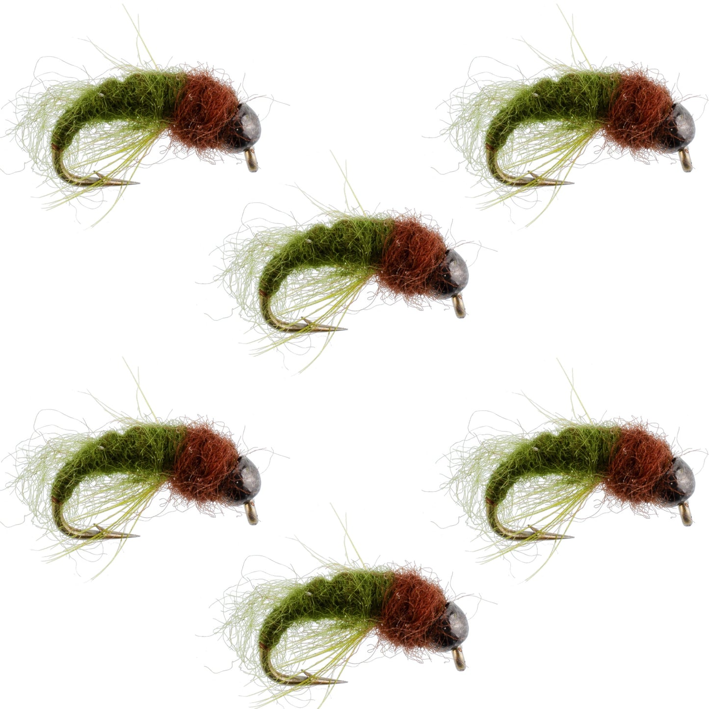 Bead Head Olive Brown Caddis Larva Nymph - Size 12 (Pack of 6)