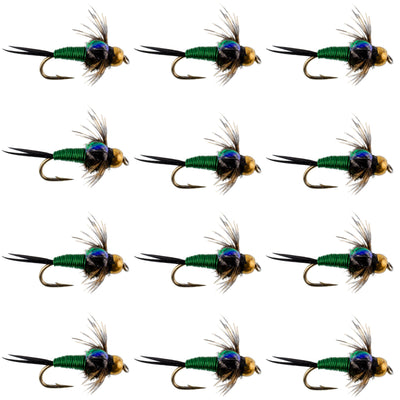 Premium Green Copper John Nymph Flies - 12 Pack Size 12 - Korvel