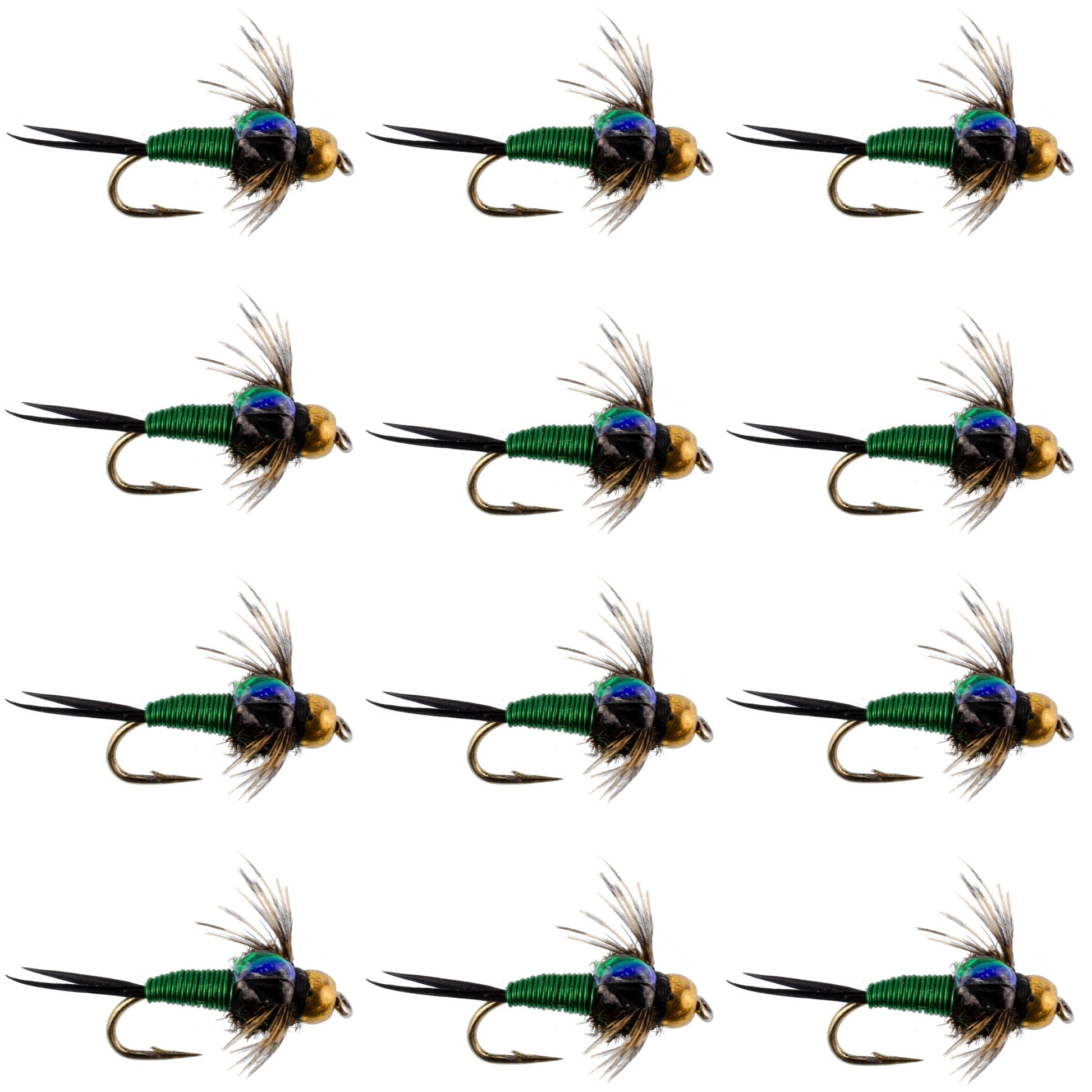 Premium Green Copper John Nymph Flies - 12 Pack, Size 18 - Korvel