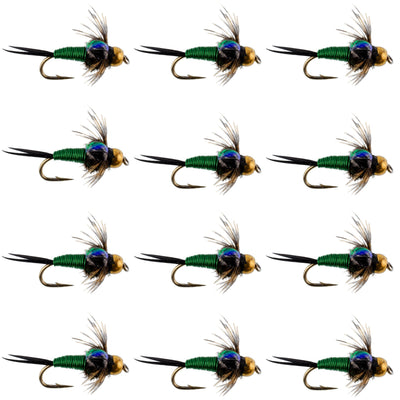 Premium Green Copper John Nymph Flies - 12 Pack, Size 18 - Korvel