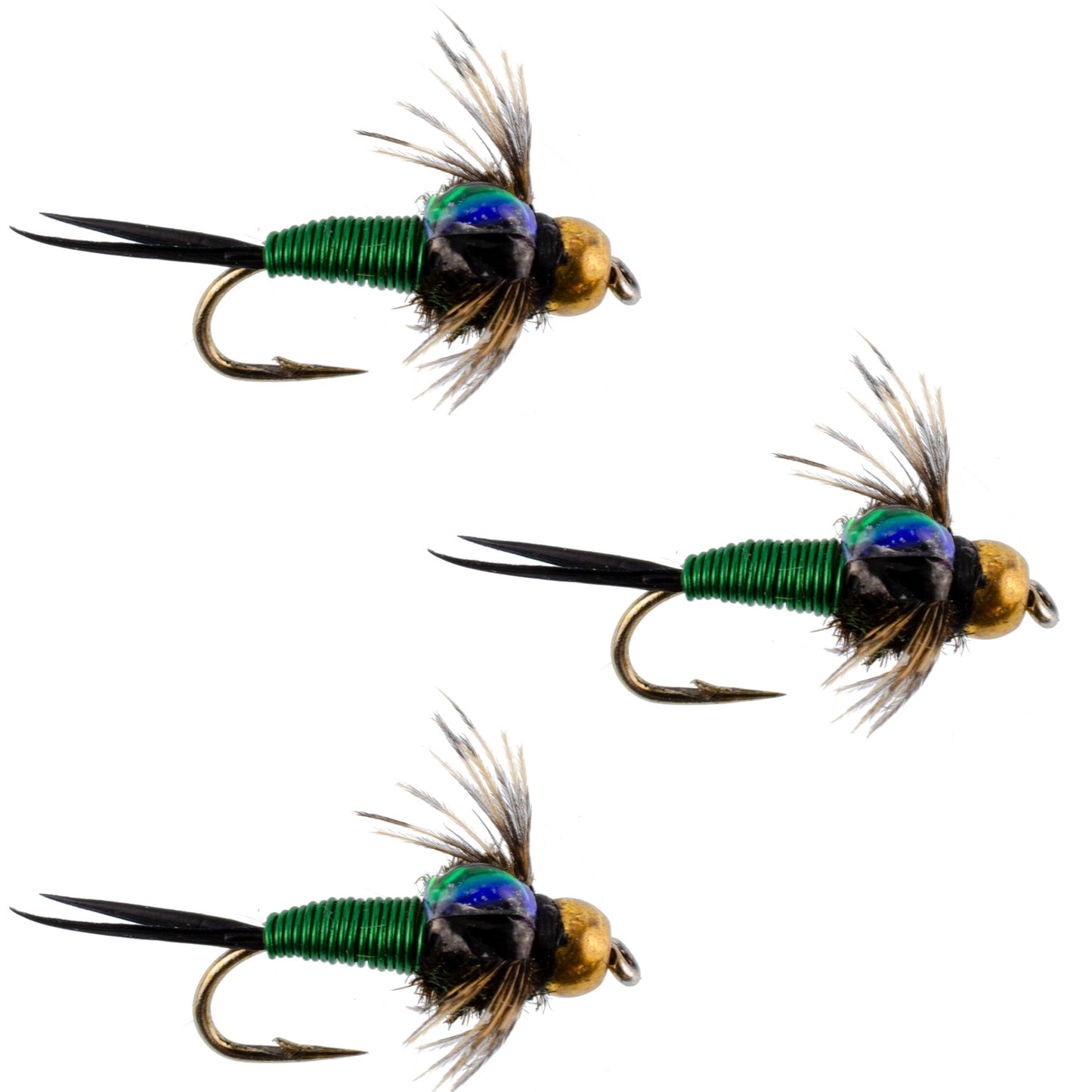 3-Pack Green Copper John Nymph Flies - Size 16 for Trout Fishing - Korvel